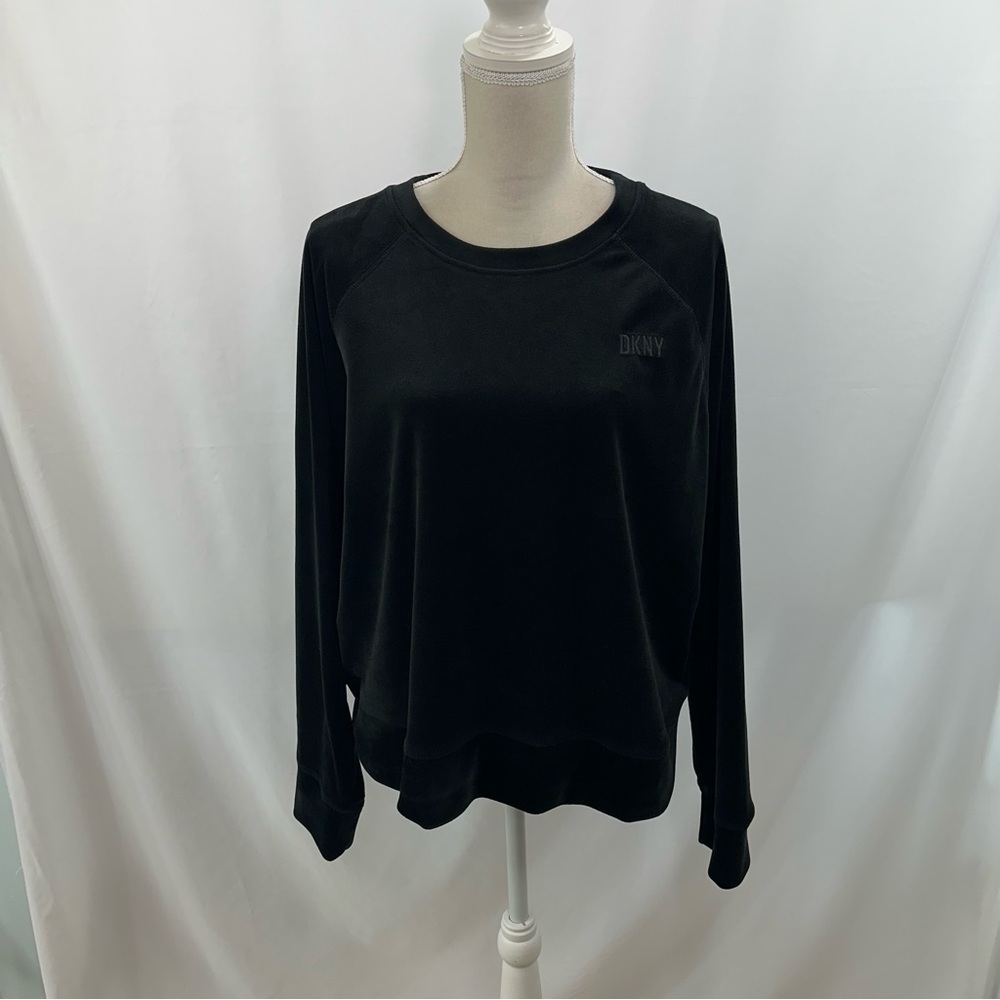 DKNY Sport Black Velour Pullover Women’s XL Relaxed Loose Long Sleeve Embroidery
